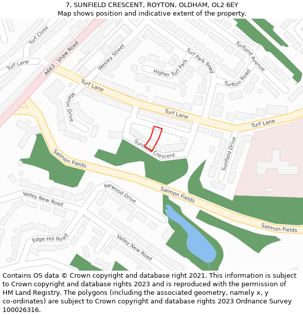 7, SUNFIELD CRESCENT, ROYTON, OLDHAM, OL2 6EY: Location map and indicative extent of plot