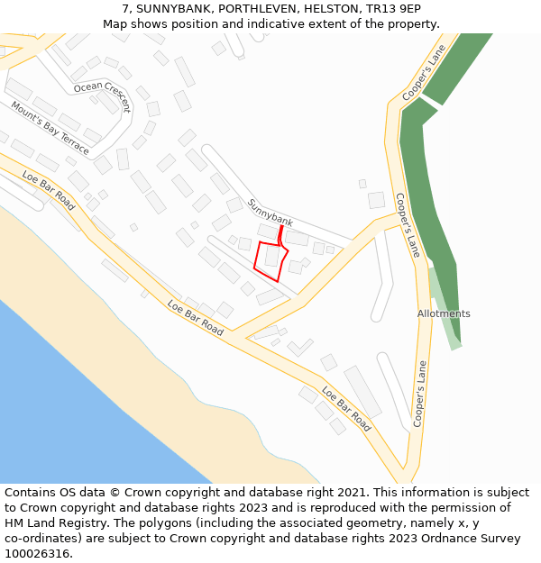 7, SUNNYBANK, PORTHLEVEN, HELSTON, TR13 9EP: Location map and indicative extent of plot