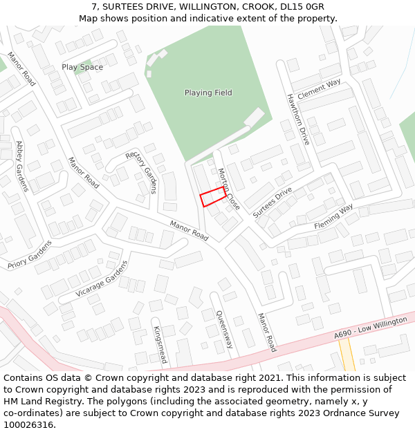 7, SURTEES DRIVE, WILLINGTON, CROOK, DL15 0GR: Location map and indicative extent of plot