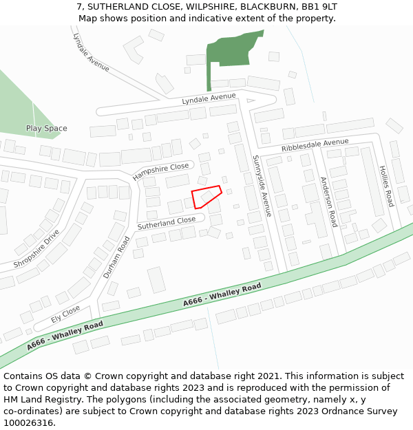 7, SUTHERLAND CLOSE, WILPSHIRE, BLACKBURN, BB1 9LT: Location map and indicative extent of plot
