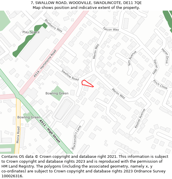 7, SWALLOW ROAD, WOODVILLE, SWADLINCOTE, DE11 7QE: Location map and indicative extent of plot