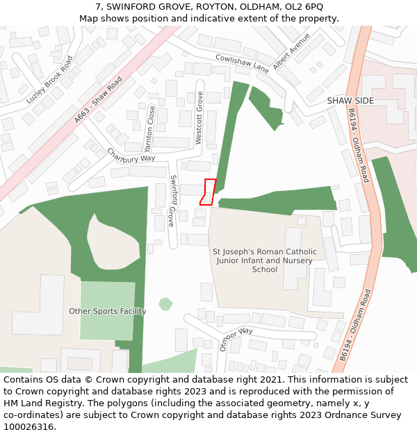 7, SWINFORD GROVE, ROYTON, OLDHAM, OL2 6PQ: Location map and indicative extent of plot