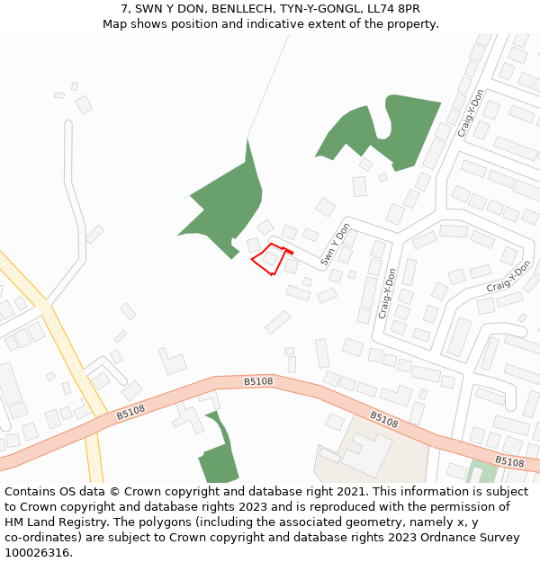 7, SWN Y DON, BENLLECH, TYN-Y-GONGL, LL74 8PR: Location map and indicative extent of plot