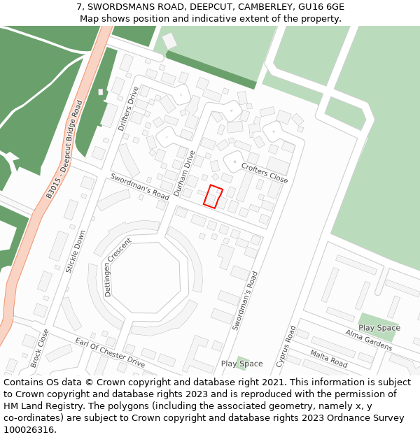 7, SWORDSMANS ROAD, DEEPCUT, CAMBERLEY, GU16 6GE: Location map and indicative extent of plot