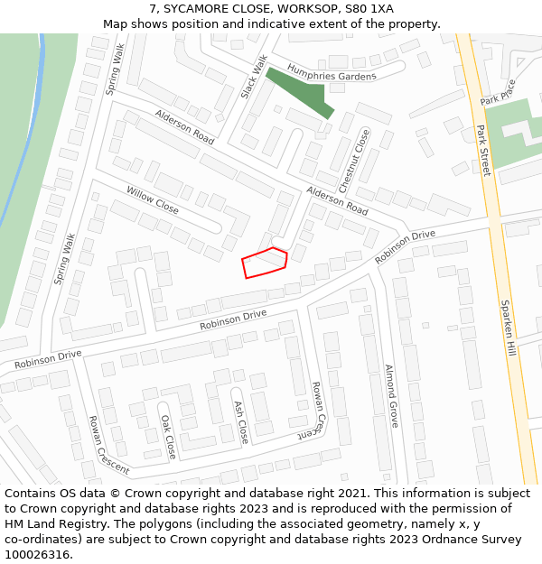 7, SYCAMORE CLOSE, WORKSOP, S80 1XA: Location map and indicative extent of plot