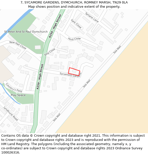 7, SYCAMORE GARDENS, DYMCHURCH, ROMNEY MARSH, TN29 0LA: Location map and indicative extent of plot