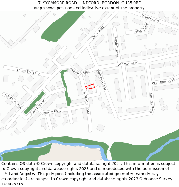 7, SYCAMORE ROAD, LINDFORD, BORDON, GU35 0RD: Location map and indicative extent of plot