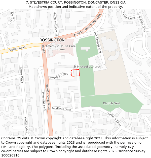 7, SYLVESTRIA COURT, ROSSINGTON, DONCASTER, DN11 0JA: Location map and indicative extent of plot