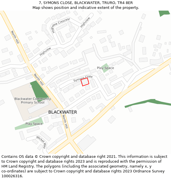 7, SYMONS CLOSE, BLACKWATER, TRURO, TR4 8ER: Location map and indicative extent of plot