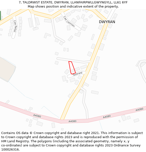 7, TALDRWST ESTATE, DWYRAN, LLANFAIRPWLLGWYNGYLL, LL61 6YF: Location map and indicative extent of plot