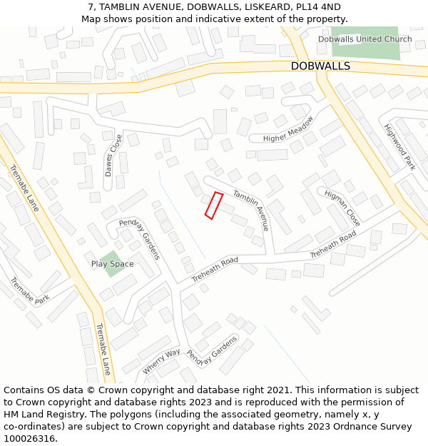 7, TAMBLIN AVENUE, DOBWALLS, LISKEARD, PL14 4ND: Location map and indicative extent of plot