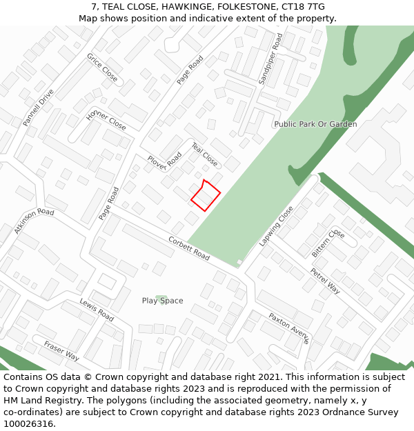 7, TEAL CLOSE, HAWKINGE, FOLKESTONE, CT18 7TG: Location map and indicative extent of plot