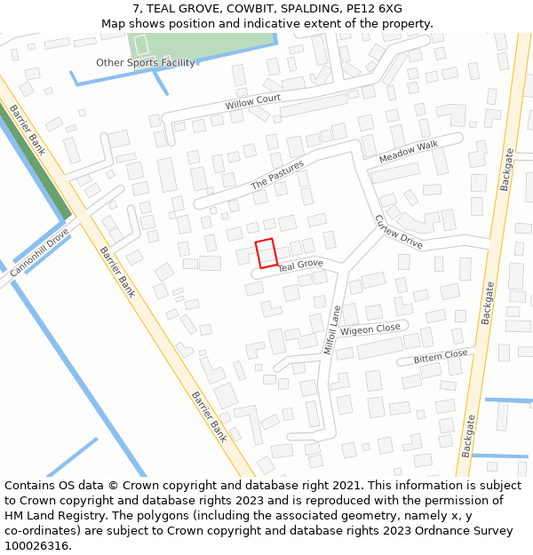 7, TEAL GROVE, COWBIT, SPALDING, PE12 6XG: Location map and indicative extent of plot