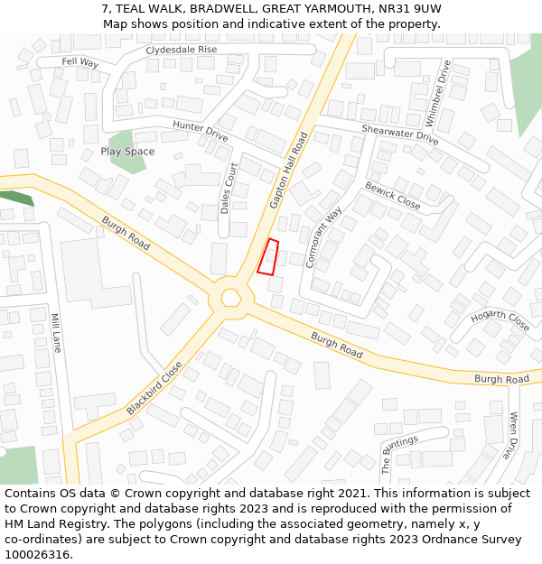 7, TEAL WALK, BRADWELL, GREAT YARMOUTH, NR31 9UW: Location map and indicative extent of plot