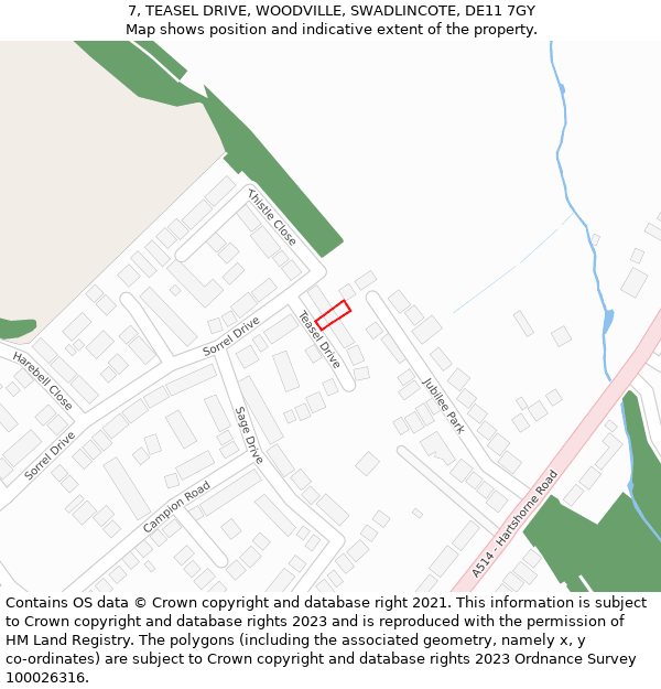 7, TEASEL DRIVE, WOODVILLE, SWADLINCOTE, DE11 7GY: Location map and indicative extent of plot