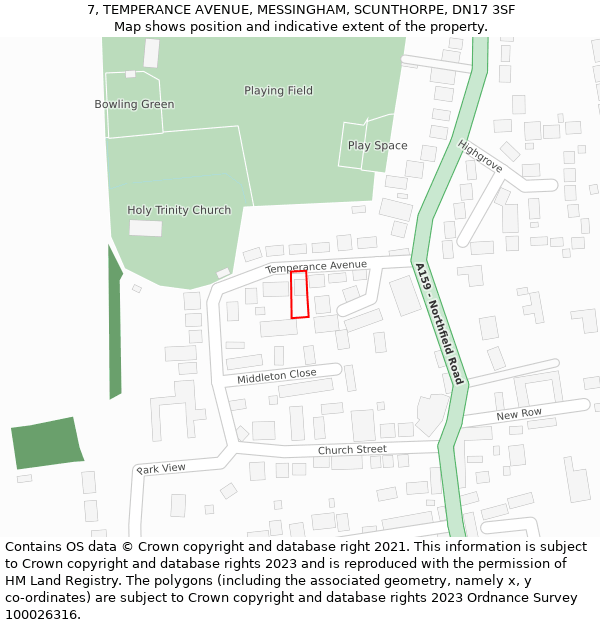7, TEMPERANCE AVENUE, MESSINGHAM, SCUNTHORPE, DN17 3SF: Location map and indicative extent of plot