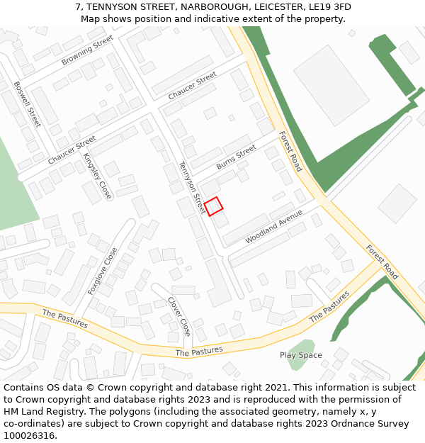 7, TENNYSON STREET, NARBOROUGH, LEICESTER, LE19 3FD: Location map and indicative extent of plot