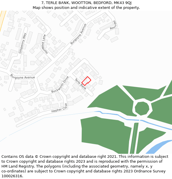 7, TERLE BANK, WOOTTON, BEDFORD, MK43 9QJ: Location map and indicative extent of plot