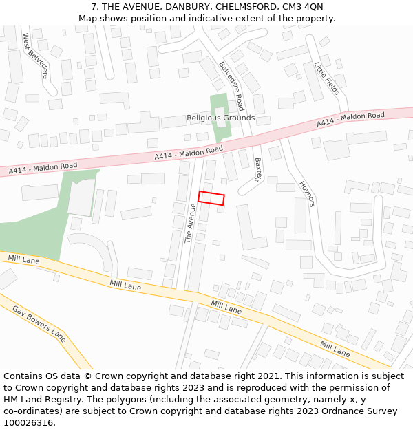 7, THE AVENUE, DANBURY, CHELMSFORD, CM3 4QN: Location map and indicative extent of plot