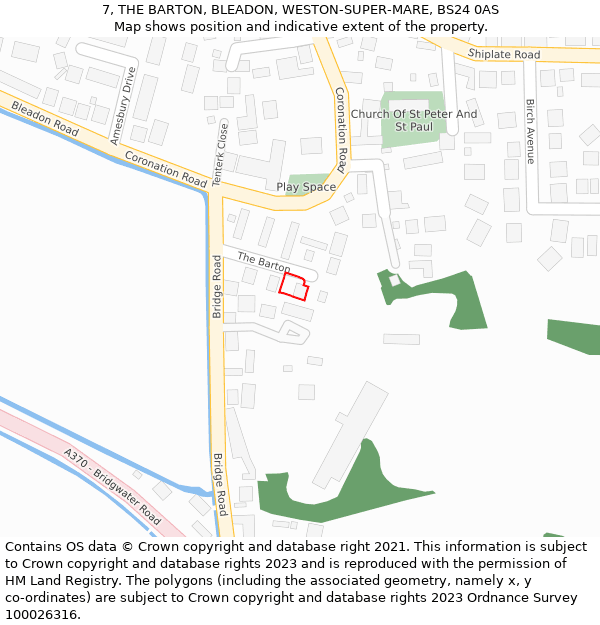 7, THE BARTON, BLEADON, WESTON-SUPER-MARE, BS24 0AS: Location map and indicative extent of plot