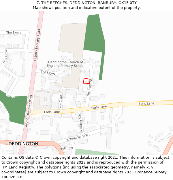 7, THE BEECHES, DEDDINGTON, BANBURY, OX15 0TY: Location map and indicative extent of plot