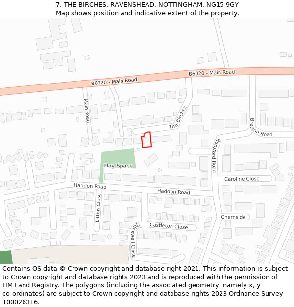 7, THE BIRCHES, RAVENSHEAD, NOTTINGHAM, NG15 9GY: Location map and indicative extent of plot