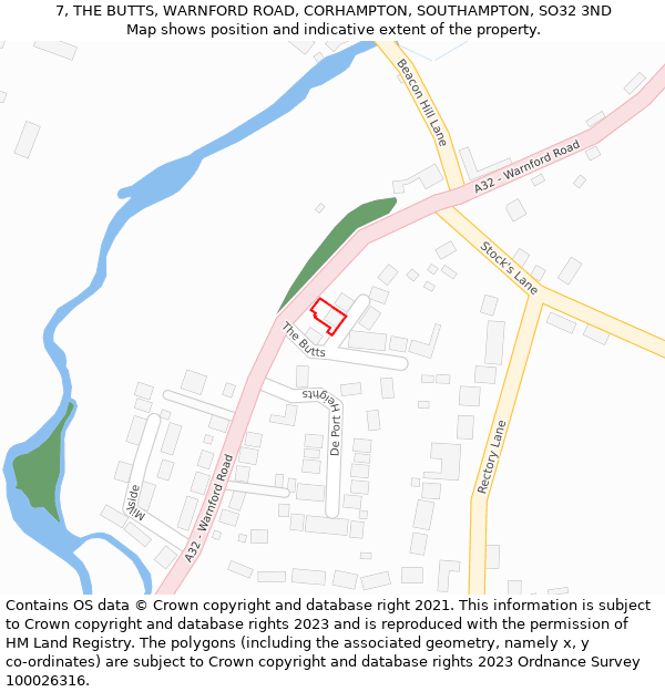 7, THE BUTTS, WARNFORD ROAD, CORHAMPTON, SOUTHAMPTON, SO32 3ND: Location map and indicative extent of plot