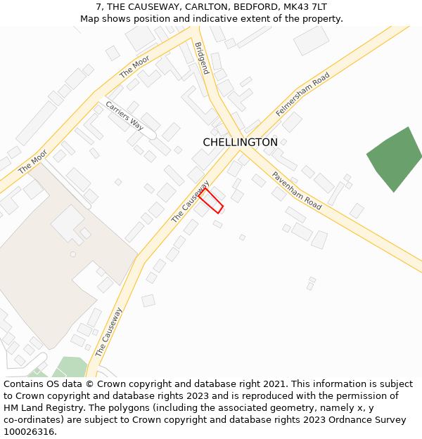 7, THE CAUSEWAY, CARLTON, BEDFORD, MK43 7LT: Location map and indicative extent of plot