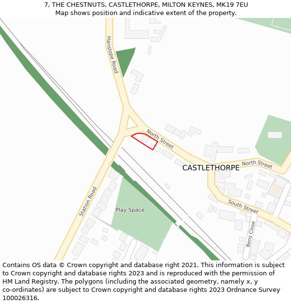 7, THE CHESTNUTS, CASTLETHORPE, MILTON KEYNES, MK19 7EU: Location map and indicative extent of plot