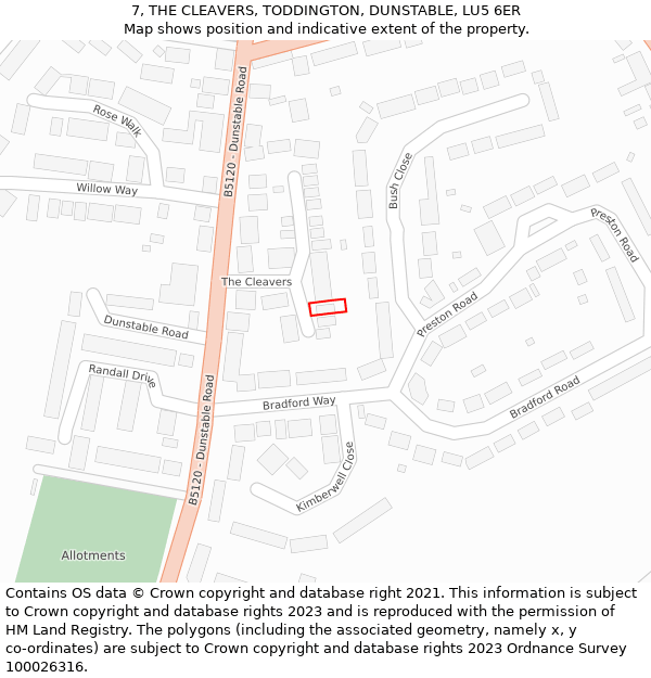 7, THE CLEAVERS, TODDINGTON, DUNSTABLE, LU5 6ER: Location map and indicative extent of plot