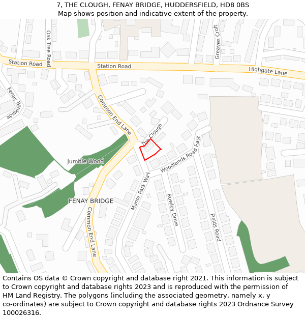 7, THE CLOUGH, FENAY BRIDGE, HUDDERSFIELD, HD8 0BS: Location map and indicative extent of plot