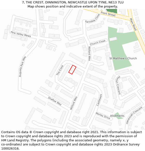 7, THE CREST, DINNINGTON, NEWCASTLE UPON TYNE, NE13 7LU: Location map and indicative extent of plot