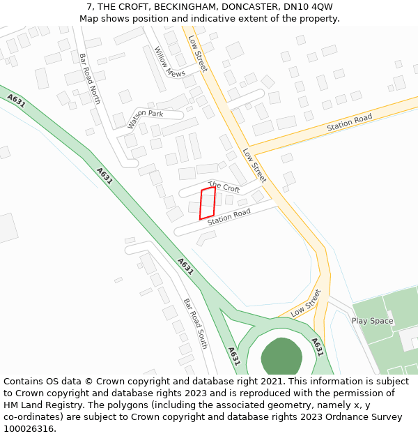 7, THE CROFT, BECKINGHAM, DONCASTER, DN10 4QW: Location map and indicative extent of plot