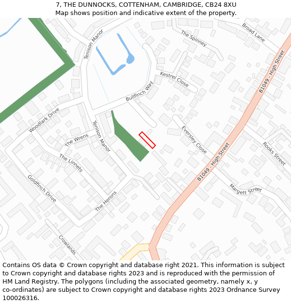 7, THE DUNNOCKS, COTTENHAM, CAMBRIDGE, CB24 8XU: Location map and indicative extent of plot