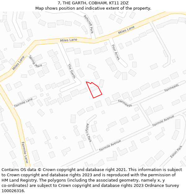 7, THE GARTH, COBHAM, KT11 2DZ: Location map and indicative extent of plot