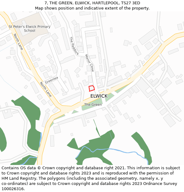 7, THE GREEN, ELWICK, HARTLEPOOL, TS27 3ED: Location map and indicative extent of plot