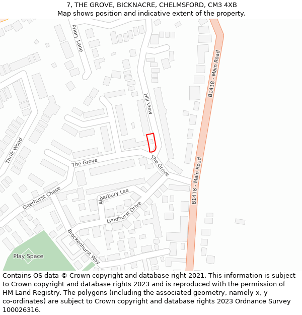 7, THE GROVE, BICKNACRE, CHELMSFORD, CM3 4XB: Location map and indicative extent of plot