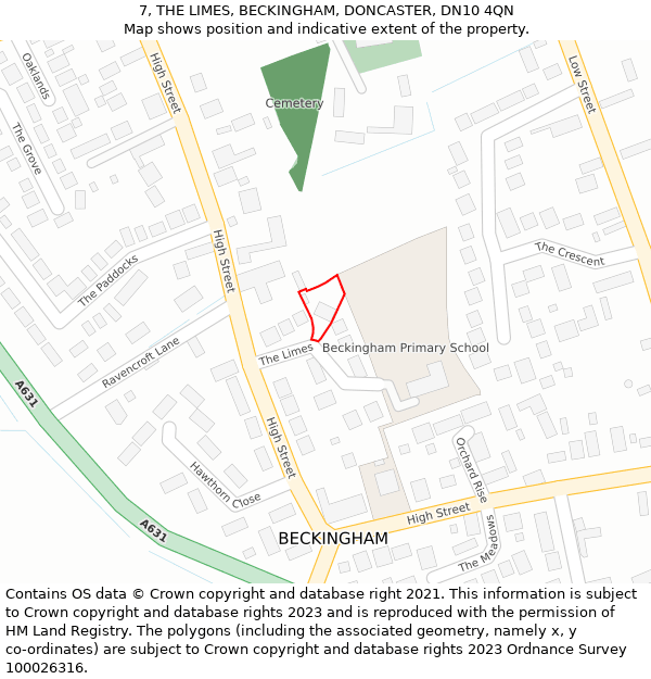 7, THE LIMES, BECKINGHAM, DONCASTER, DN10 4QN: Location map and indicative extent of plot