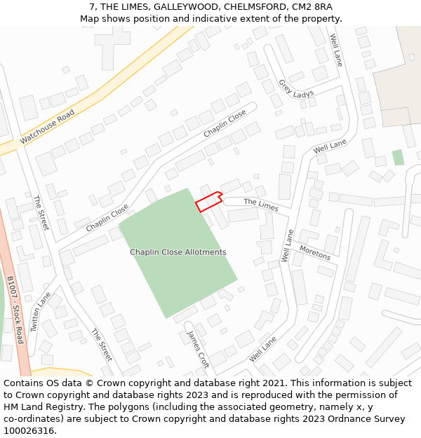 7, THE LIMES, GALLEYWOOD, CHELMSFORD, CM2 8RA: Location map and indicative extent of plot