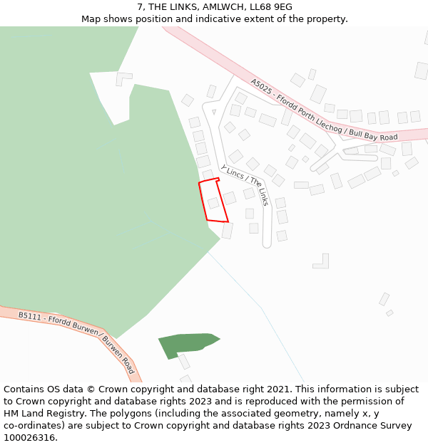 7, THE LINKS, AMLWCH, LL68 9EG: Location map and indicative extent of plot