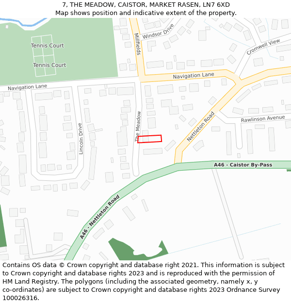 7, THE MEADOW, CAISTOR, MARKET RASEN, LN7 6XD: Location map and indicative extent of plot