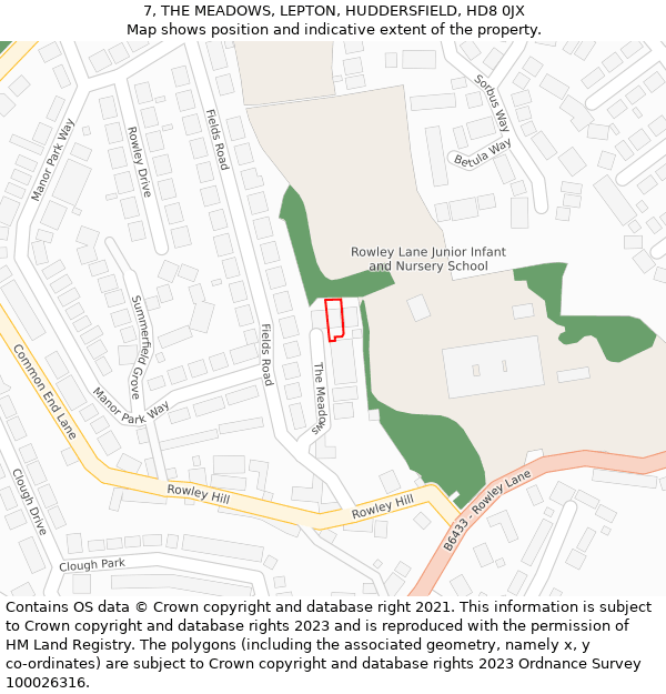 7, THE MEADOWS, LEPTON, HUDDERSFIELD, HD8 0JX: Location map and indicative extent of plot