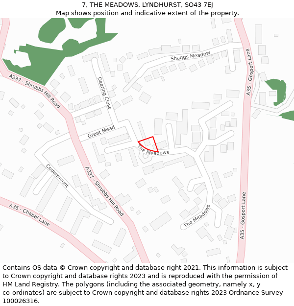 7, THE MEADOWS, LYNDHURST, SO43 7EJ: Location map and indicative extent of plot