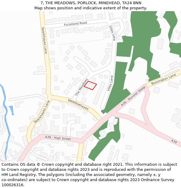 7, THE MEADOWS, PORLOCK, MINEHEAD, TA24 8NN: Location map and indicative extent of plot
