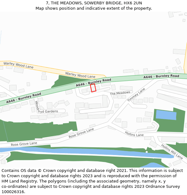 7, THE MEADOWS, SOWERBY BRIDGE, HX6 2UN: Location map and indicative extent of plot