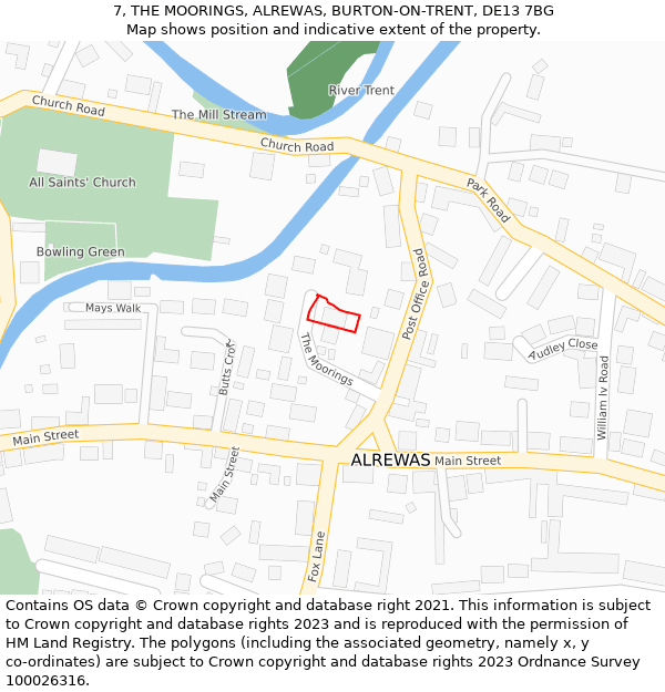 7, THE MOORINGS, ALREWAS, BURTON-ON-TRENT, DE13 7BG: Location map and indicative extent of plot