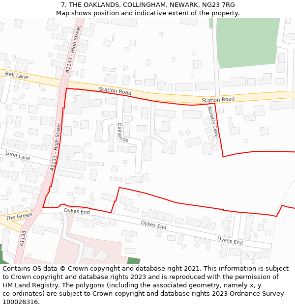 7, THE OAKLANDS, COLLINGHAM, NEWARK, NG23 7RG: Location map and indicative extent of plot