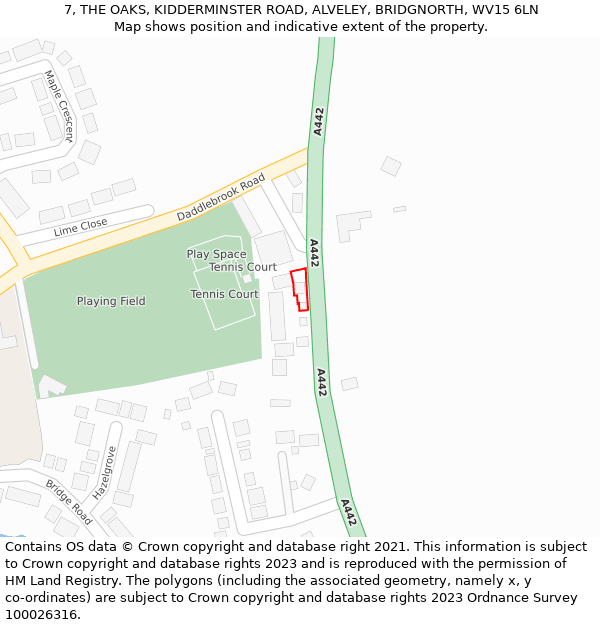 7, THE OAKS, KIDDERMINSTER ROAD, ALVELEY, BRIDGNORTH, WV15 6LN: Location map and indicative extent of plot