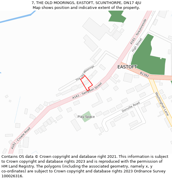 7, THE OLD MOORINGS, EASTOFT, SCUNTHORPE, DN17 4JU: Location map and indicative extent of plot