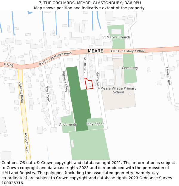 7, THE ORCHARDS, MEARE, GLASTONBURY, BA6 9PU: Location map and indicative extent of plot